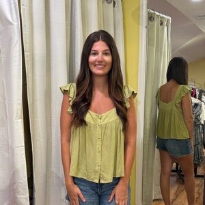 Lush Olive Ruffled Button-Up Blouse